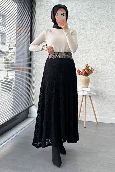 MELEK ARAZ Lace Textured Flared Long Skirt – Black