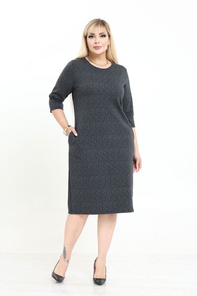 modayız Double Pocket Patterned Stretchy Winter Plus Size Midi Dress 27A-2740