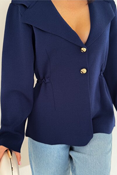 FEMELLE Navy Blue Shawl Collar Jacket with Side Gathered Gold Buttons, Standard Size