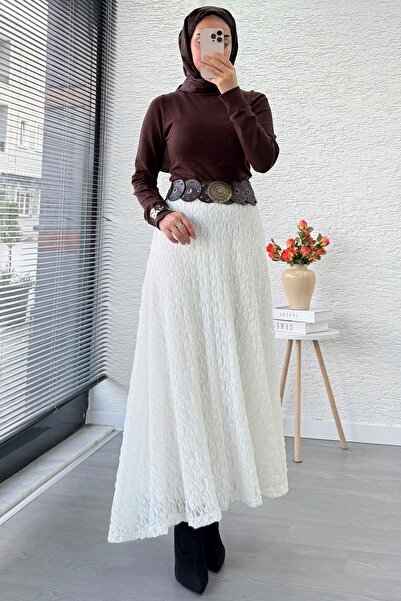 MELEK ARAZ Lace Textured Flared Long Skirt – White