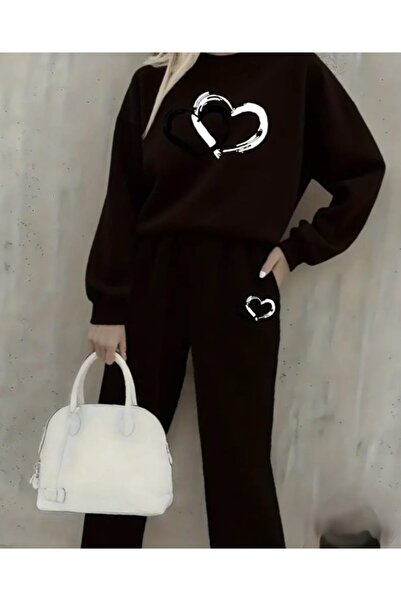 ORVIO Group Brush Pulse Heart Printed Sweatshirt Set