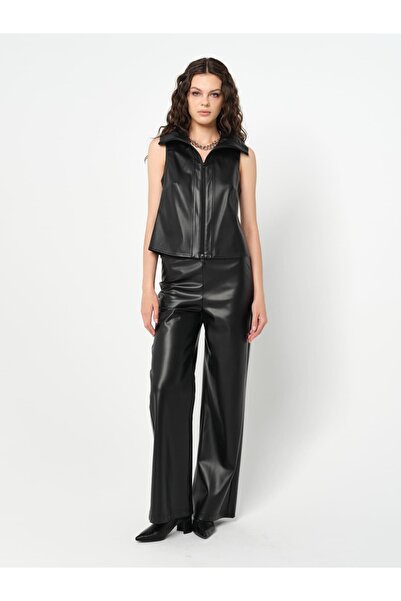 roibyardaözmen Wide Leg, Inside Fleece-Lined Elastic Waist Faux Leather Trousers