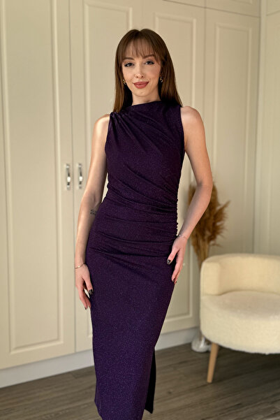 Dilay Gökoğlu Butik Glittery Draped Sleeveless Stylish and Elegant Midi Dress