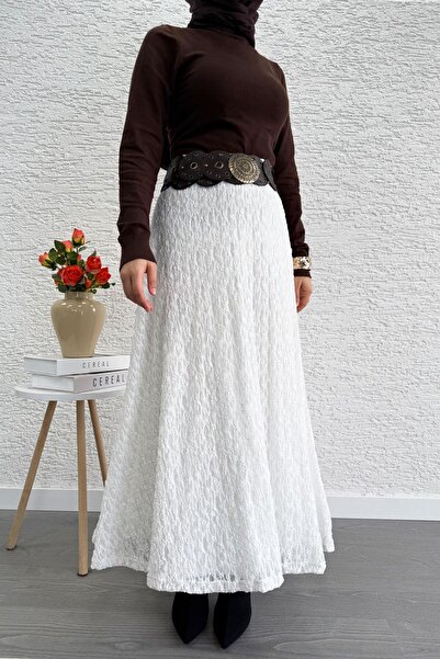 MELEK ARAZ Lace Textured Flared Long Skirt – White