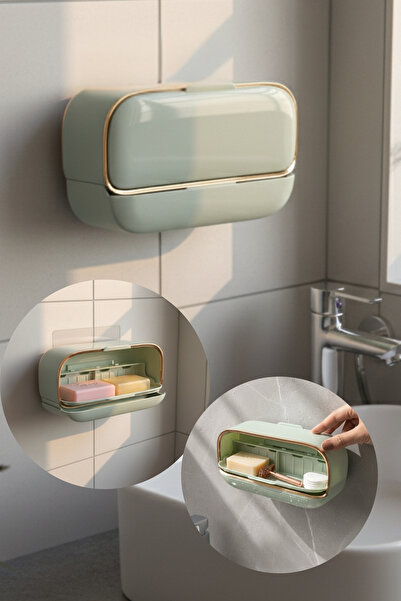 Myend Decorative New Generation Double Compartment Soap Dish, Solid Soap Box with Lid That Can Stick to Tiles