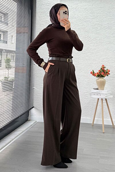 MELEK ARAZ Premium High Waist Belted Pleated Detail Palazzo Pants – Brown