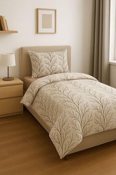 uykulife home collection UYKULİFE SET DE HUSĂ DE PĂTĂRĂ DE O PERSONĂ CU MOTIV BEJ