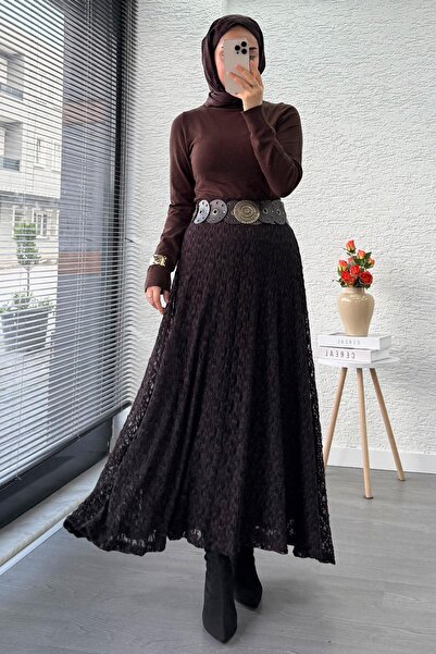 MELEK ARAZ Lace Textured Flared Long Skirt – Brown