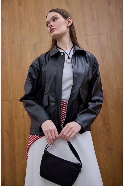 Birgül Bektaş Δερμάτινο μπουφάν με μαύρη μπροστινή τσέπη