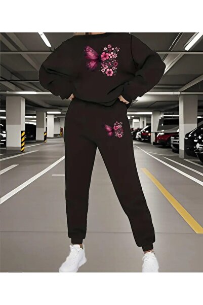 ORVIO Group Butterfly and Flower Printed Sweatshirt Set