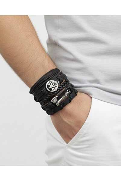 E&F Takı سوار من الجلد الطبيعي مكون من 5 قطع مع تصميم شجرة الحياة والفأس، سوا...