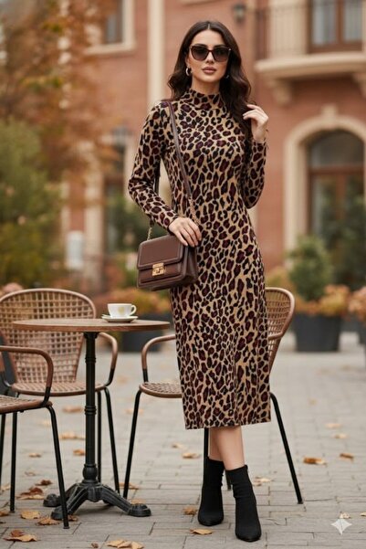 JANES Women's Long Sleeve Turtleneck Leopard Print Midi Dress