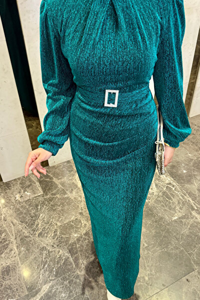 Tarzım Tuba Seçil Glittery Hijab Evening Dress Turquoise