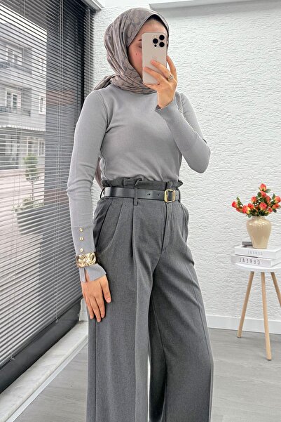 MELEK ARAZ Premium High Waist Belted Pleat Detail Palazzo Pants –Gray