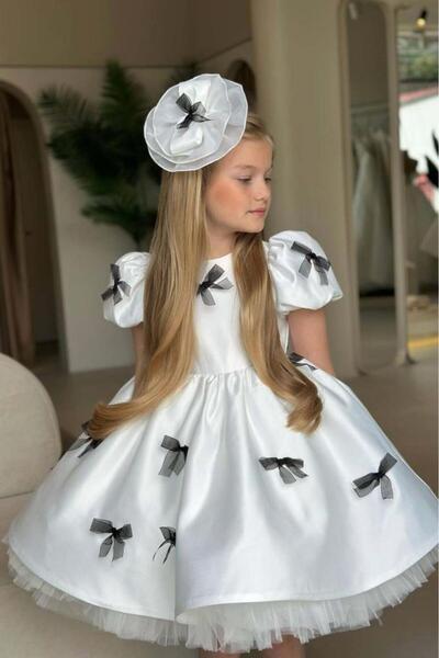 Riccotarz Girl's Balloon Sleeve Black Ribbon Detailed Satin Evening Dress with Lining Inside