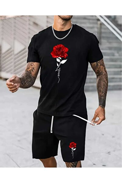 ORVIO Group Red Rose Printed T-Shirt and Shorts Set
