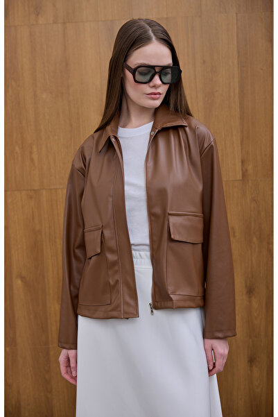 Birgül Bektaş Δερμάτινο μπουφάν με καφέ μπροστινή τσέπη