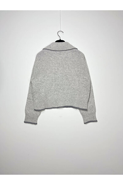 FASHION Cropped Wool, Viscose & Cashmere Blend Polo Cardigan with Front Pockets - Light Grey