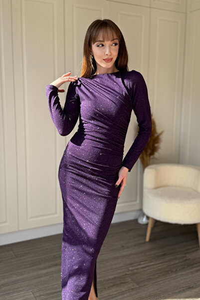 Dilay Gökoğlu Butik Glittery Draped Long Sleeve Elegant and Stylish Midi Dress