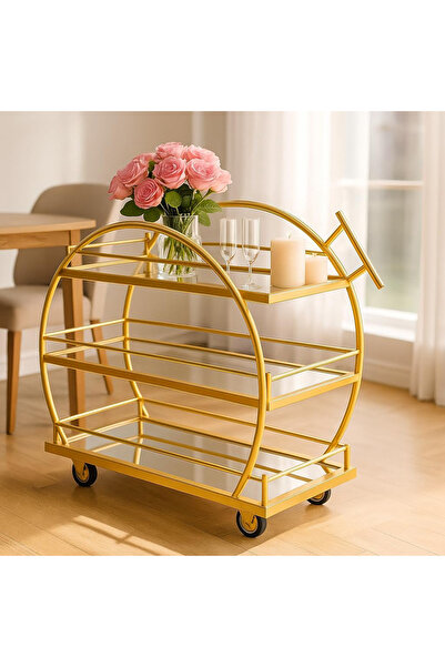 genric FFD 3-Tier Round Arched Bar Cart – Glass Shelves, Metal Frame, Lockable Wheels (Matte Gold, 100