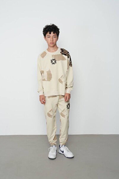 LOCO Locoloco 2-Piece Set with Printed Pattern on the Sleeves (Ages 9-15) - Beige