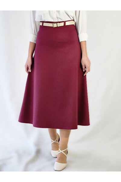 YAXİ Belt-Detail Midi-Length Loose Burgundy Woven Skirt