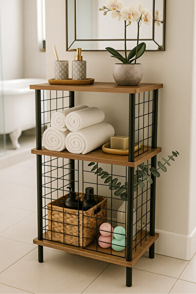 PEKA 3 Raflı Banyo Dolabı Dekoratif Metal Kapaklı Deterjanlık Çok Amaçlı raf