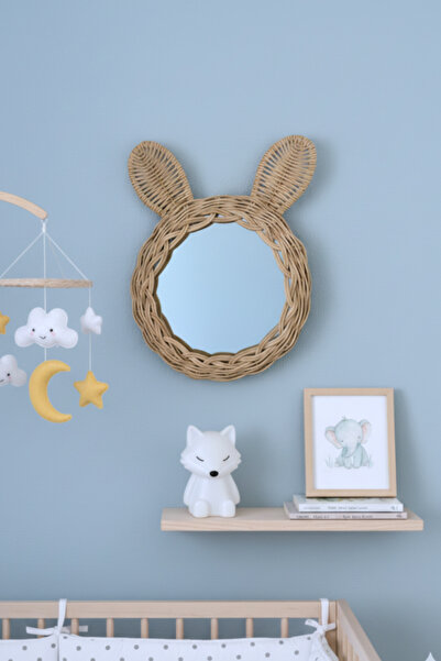 Marena Home Bambu Tavşan Kulaklı Dekoratif Ayna 20 cm – Bohem Bebek Odası Duvar Süsü, El Örgüsü Çocuk Odası İçin