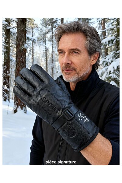 Kardelen Butik Denizli Men's Inflatable Faux Leather Biker Gloves with Fur Inside