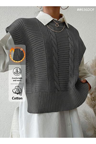 Dier Moda Women's Dark Gray Adjustable Patterned Side Tie Knit Sweater, Knit Sweater Fmoda505