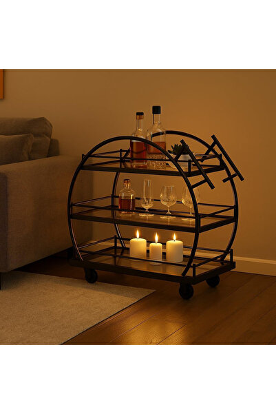 genric FFD 3-Tier Round Arched Bar Cart – Glass Shelves, Welded Metal Frame, 1.3cm Black 80x40x90cm