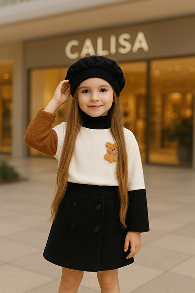 Calisa Girl's 3-Piece Combination Set: Plush Detail Sweatshirt + Velvet Skirt + Beret Set for Holidays