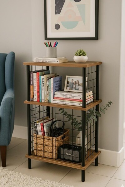 PEKA 3 Raflı Kitaplık Kütüphane Dekoratif Metal Kapaklı Çok Amaçlı raf