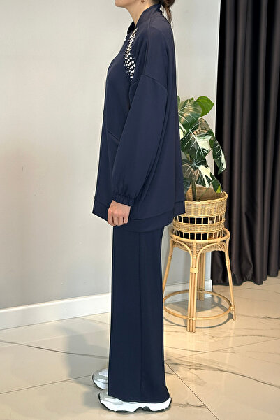 Lale Butik Combed Cotton Suit with Stone Detail on the Front 2015 Navy Blue