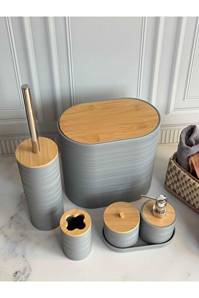 ROSSEV Acrylic 5 Piece Bamboo Lid Gray Bathroom Set