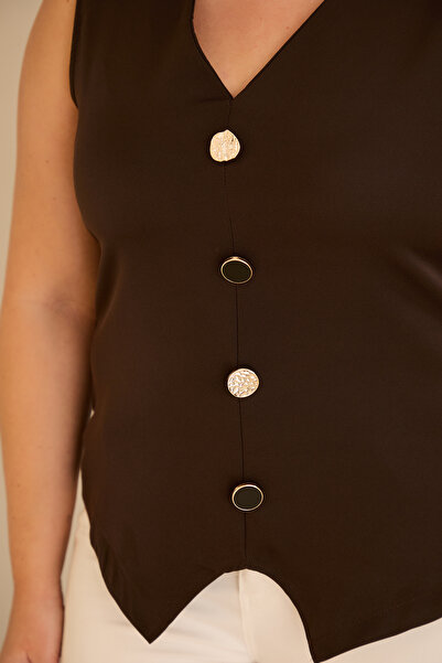 FOR ESRA BIG TREND Women's Plus Size V Neck Big Ornamental Button Sleeveless Vest Look Stretchy Woven Blouse