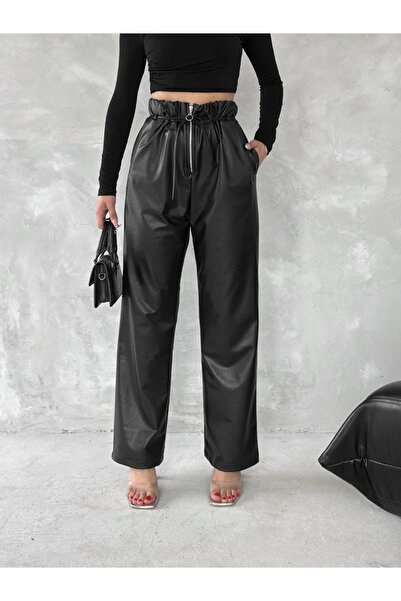 ZENGEZUR MALL Mtxdpn Leather Pants with Self-Thin Belt Black T1178 (153851) (Size: S)