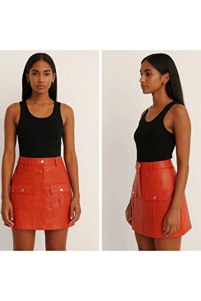 ZENGEZUR MALL Mtxdpn Leather Skirt with Two Front Pockets Orange H240040 (153722) (Size: m)