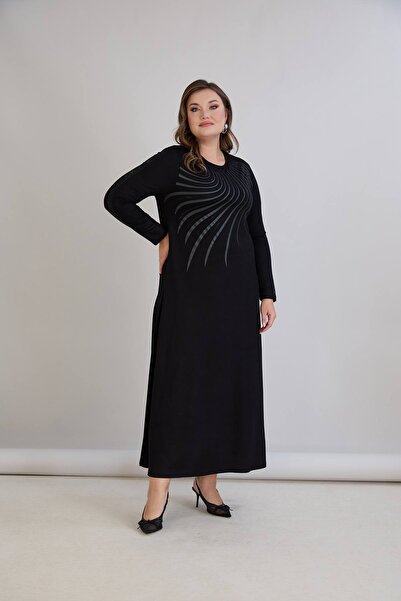 QUAWEAR Φόρεμα σε όλο το μήκος από χτενισμένο βαμβακερό ύφασμα με λεπτομέρεια από πέτρα με τύπωμα με στρογγυλή λαιμόκοψη