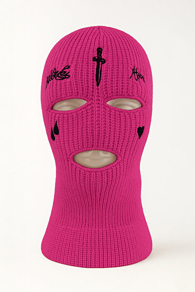 Verahed Acrylic Unisex Fuchsia Winter Biker Mask with Tear and Sword Embroidery Knitted Balaclava