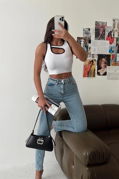 ZENGEZUR MALL Mtxdpn Pencereli Ribbed Knit Crop White (154228) (Size: S)