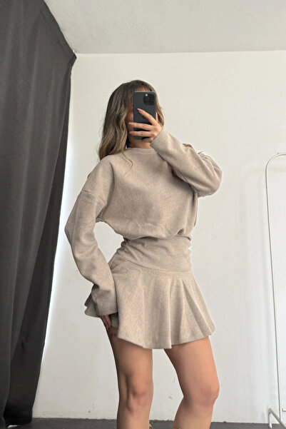 MOZENA Bisiklet Yaka Büzgülü Selanik Kumaş Mini Elbise