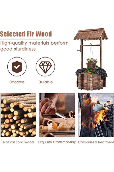 genric OneDcor Rustic Wooden Wishing Well Planter with Hanging Bucket - Burnt-Finish Outdoor Flower Pot