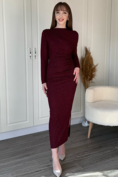 Dilay Gökoğlu Butik Glittery Draped Long Sleeve Elegant and Stylish Midi Dress