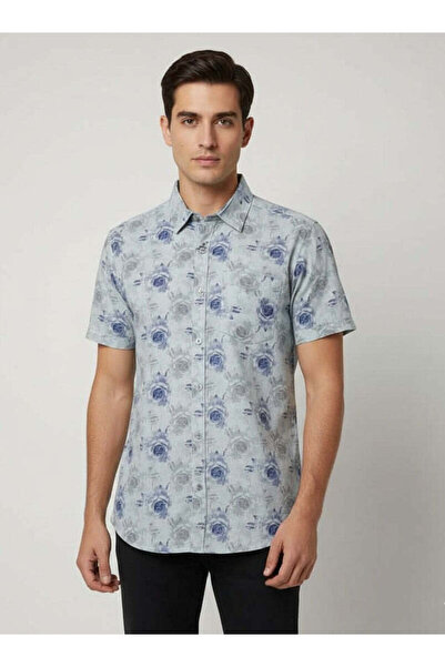 STITCH by MH Men's Blue Floral Print Cotton Half-Sleeve Shirt