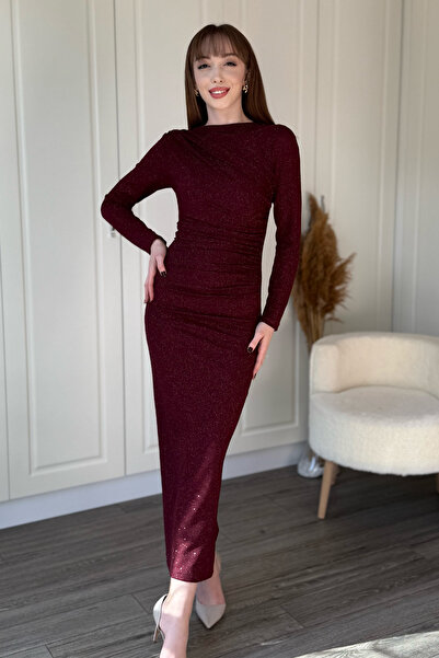 Dilay Gökoğlu Butik Glittery Draped Long Sleeve Elegant and Stylish Midi Dress