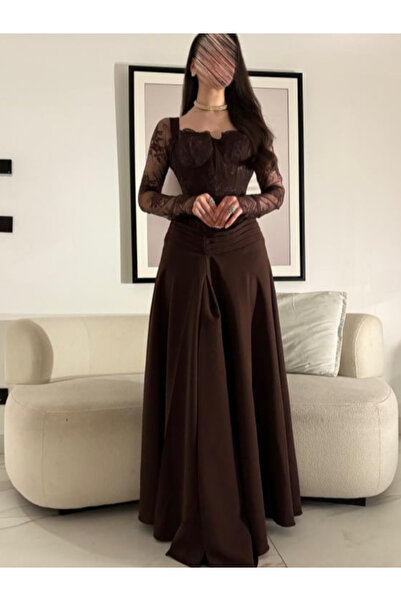 Danton فستان سهرة أنيق من الدانتيل البني بأكمام طويلة وقصة حرف A وتنورة متدفق...