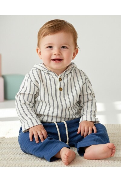 voyyo kids baby Baby Boy 6-9-12-18-24 Months Muslin Set Thin K Hooded Striped...