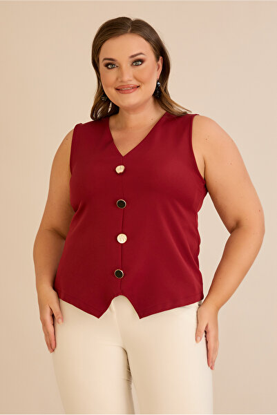 FOR ESRA BIG TREND Women's Plus Size V Neck Big Ornamental Button Sleeveless Vest Look Stretchy Woven Blouse