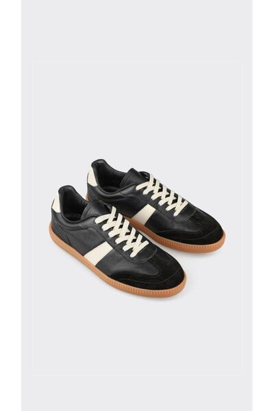 cevaplus Black Genuine Leather Women's Sports Shoes